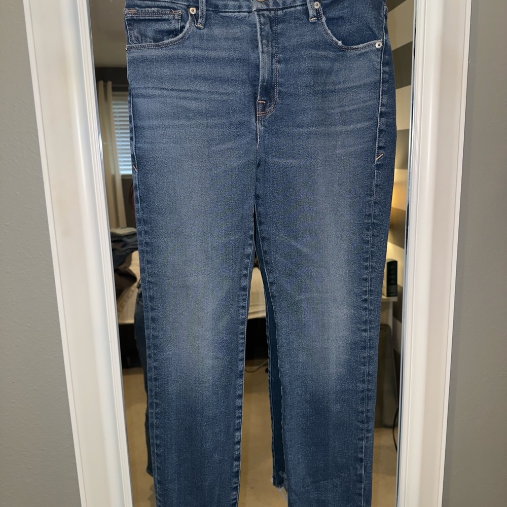 Good American Blue Slim Jeans with Raw Frayed Hem